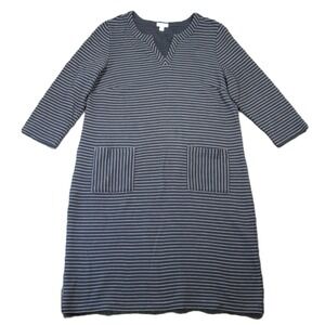 J Jill Shift Dress L Tall Navy Striped Split V-Neck‎ 3/4 Sleeve Lagenlook Preppy